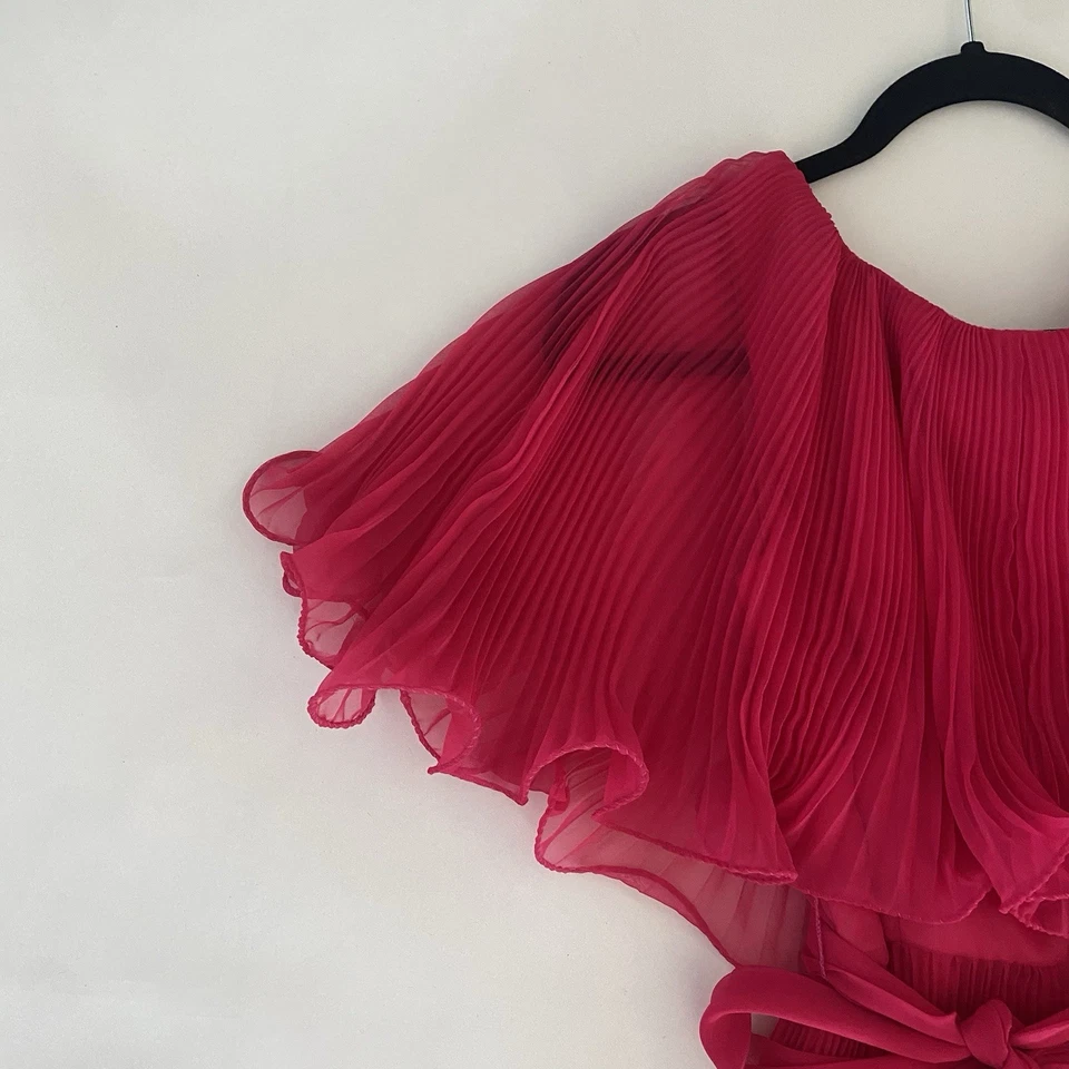 VTG Miss Elliette 70s Pleated Flutter Maxi Dress Chiffon Gown Barbie Pink Nylon - Image 3 of 4