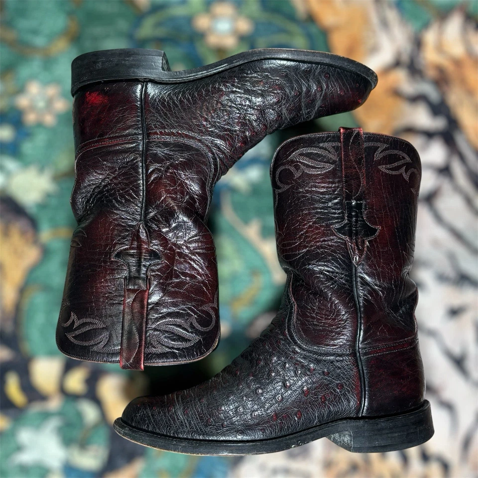 Lucchese Exotic Burnished Ostrich Leather Black Cherry Size 8 2E Handmade In USA - Image 2 of 4