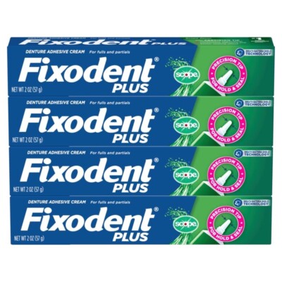 Fixodent Plus Scope Denture Cream Adhesive Strong All Day Hold Seal 4-2oz Pack
