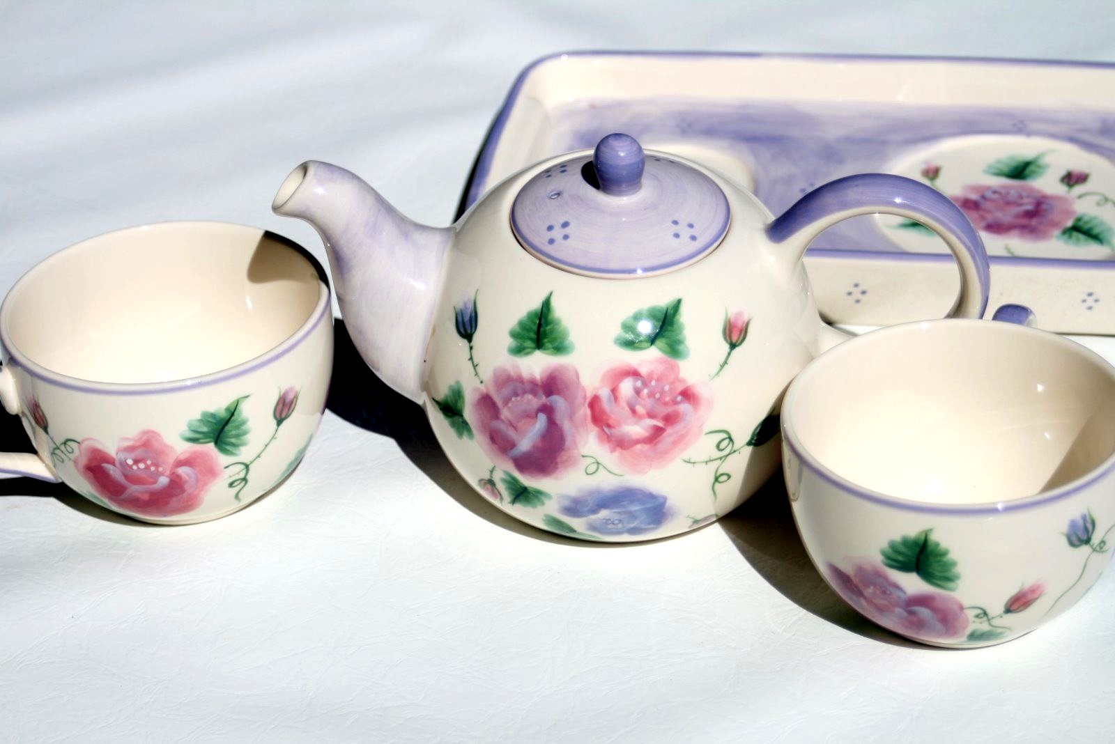 Tea For Two Tea Set Purple Floral Rose Pattern With Tray Tea Pot and