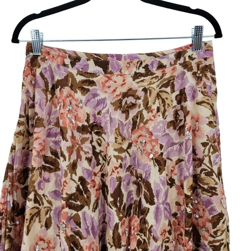 Y2K Floral Midi Skirt 8 Cotton Pink Brown Asymmetrical Sequin Details Boho India - Picture 9 of 15