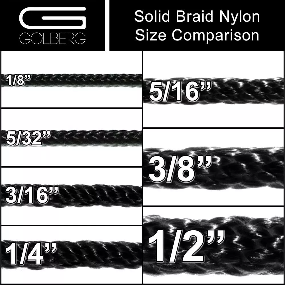 Solid Braid Nylon Rope in 1/8, 5/32, 3/16, 1/4, 5/16, 3/8, and 1/2 Inch  Diameter