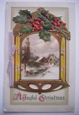 Christmas postcard Large bell w holly cottages booklet attached opens
