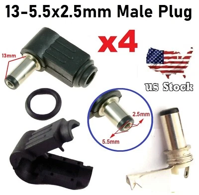 4 Pieces Right Angle 13* 5.5x 2.5mm DC Power Male Plug Soldering Connector