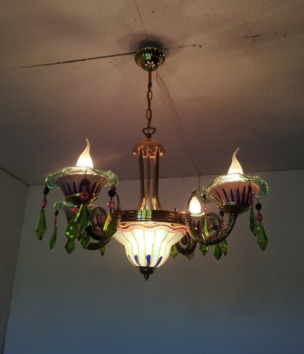 Vintage Retro Glass Green Blue Hand Painted Dining room Chandelier Light Ceiling - Picture 4 of 9