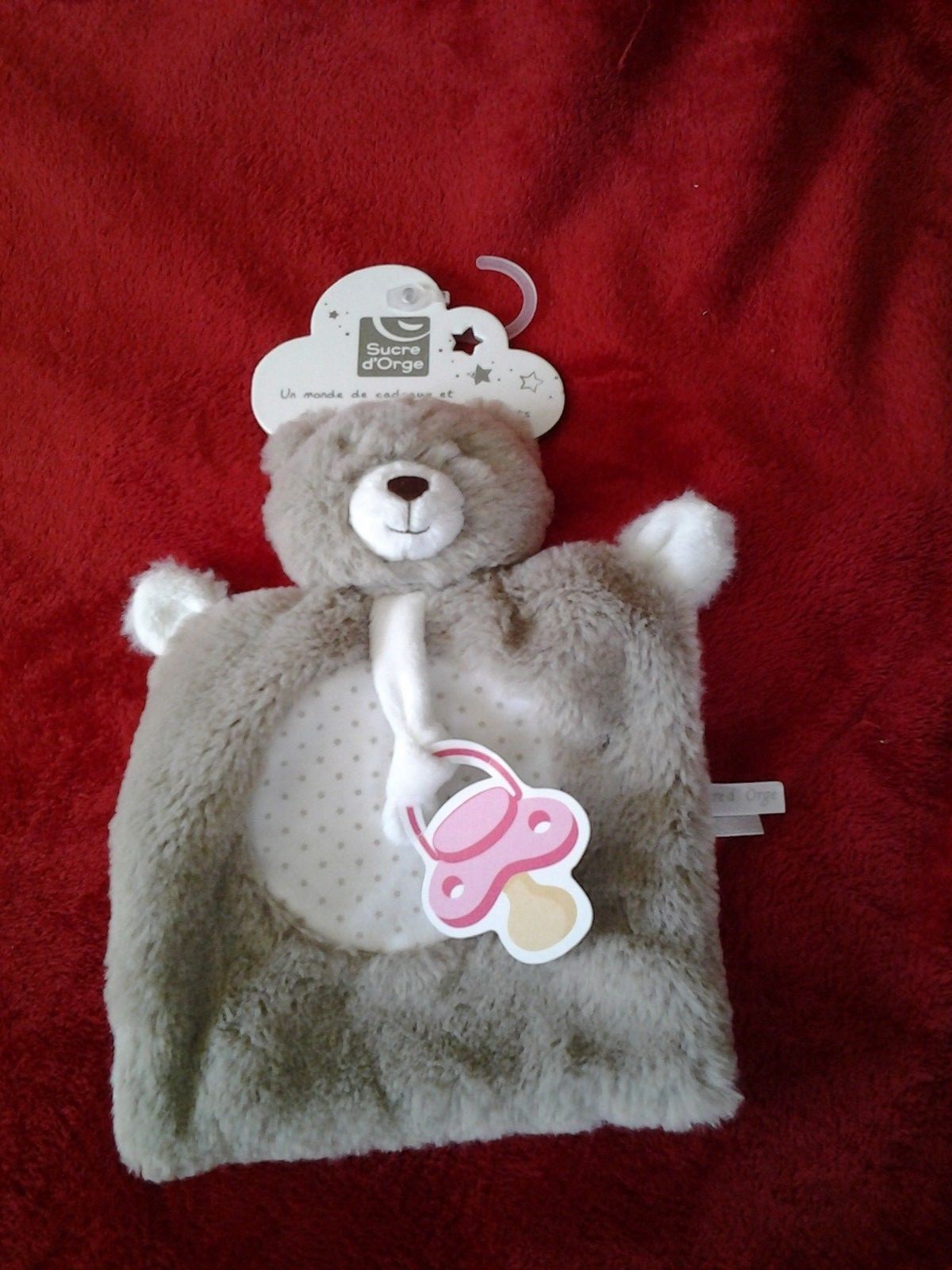 Doudou plat ours brun Sucre d'Orge avec attache tétine anti-perte pour la nuit