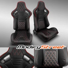 2 x BLACK PVC LEATHER/RED STITCH LEFT/RIGHT RACING CAR SEATS PAIR