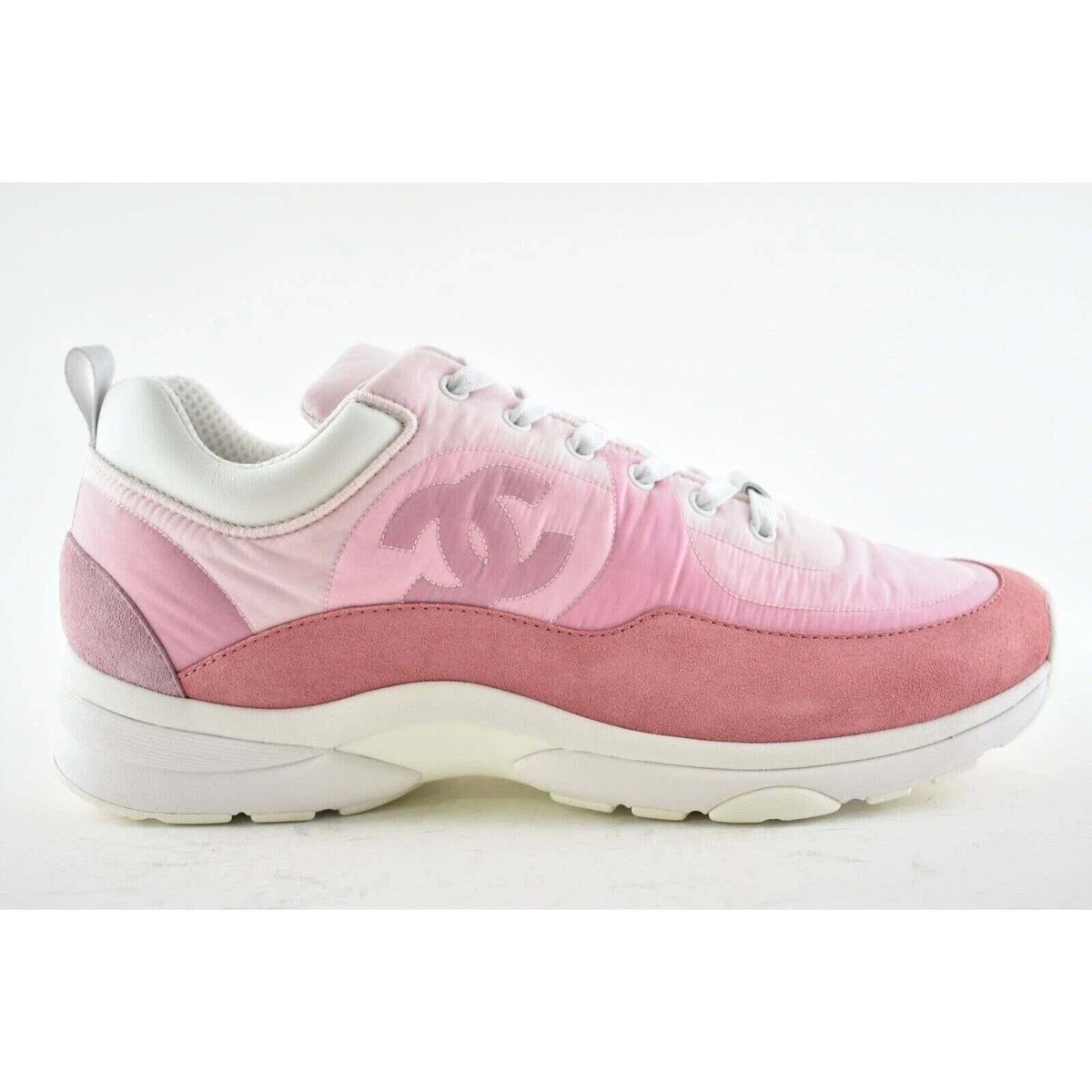 Chanel Mens 21C Pink Suede Leather CC Logo Lace Low Top Trainer 