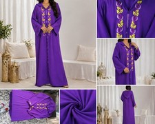 Moroccan HANDMADE JELLABA -KAFTAN EMBROIDERED PURPLE YELLOW HOOD WOMEN SIZE L