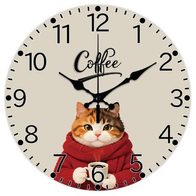 Cat Holding Coffee Pattern Wall Clock 12 Inch Anthropomorphic Animals Non-Tic...