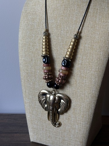 African Elephant Head Pendant Necklace 36” Cord Bead Animal Tribal Native Exotic