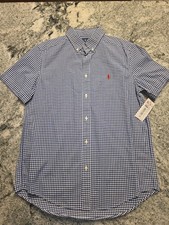 New Ralph Lauren Boys XL 18-20 Button Down Shirt Blue White Polo Logo C41