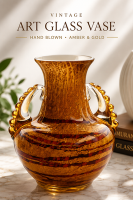 #ad Murano Hand Blown Art Glass Vase Amber Gold Aventurine Double Handle $79.99
