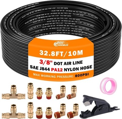 CheeMuii 3/8 Brass DOT Air Fittings With 32.8FT 3/8'' 3/8Inch-15Pcs, Gold 