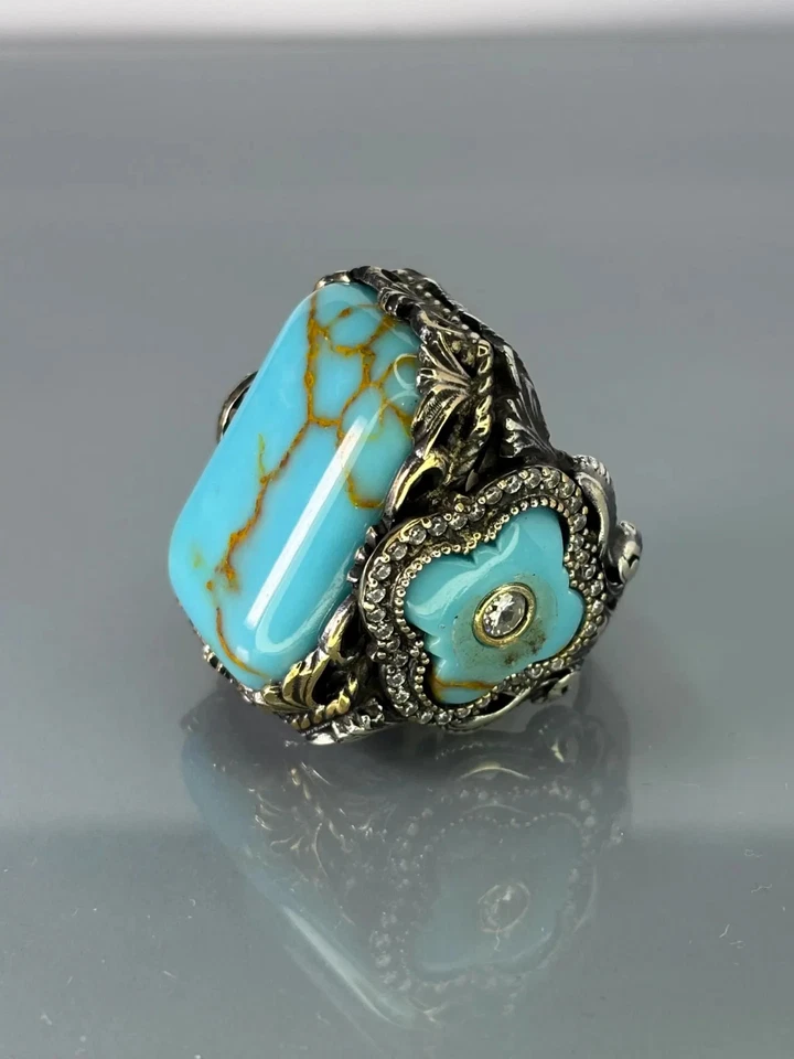 Anel masculino de prata esterlina 925 Aquamarine, anel de pedra preciosa azul turca - Imagem 4 de 4