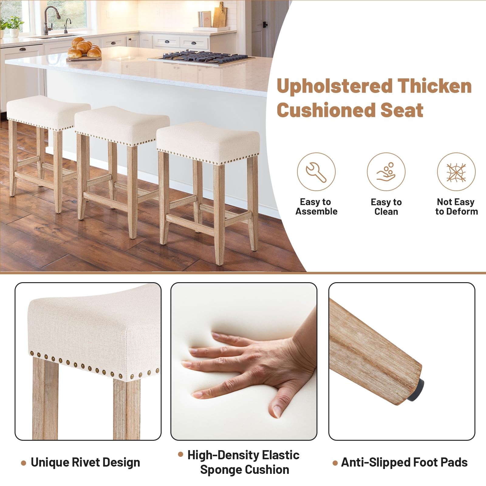 Bar Stools Set of 2,25.7 inch Counter Height Bar Stools,Upholstered Kitchen B...