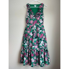 j.Crew Floral Ruffle Neck Midi Dress - Green/Pink - Size 4