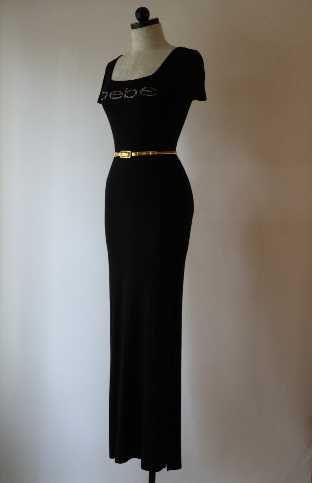 Bebe Black Knit Jersey Scoop Neck Sexy Bodycon Tshirt Long Maxi Dress Women S