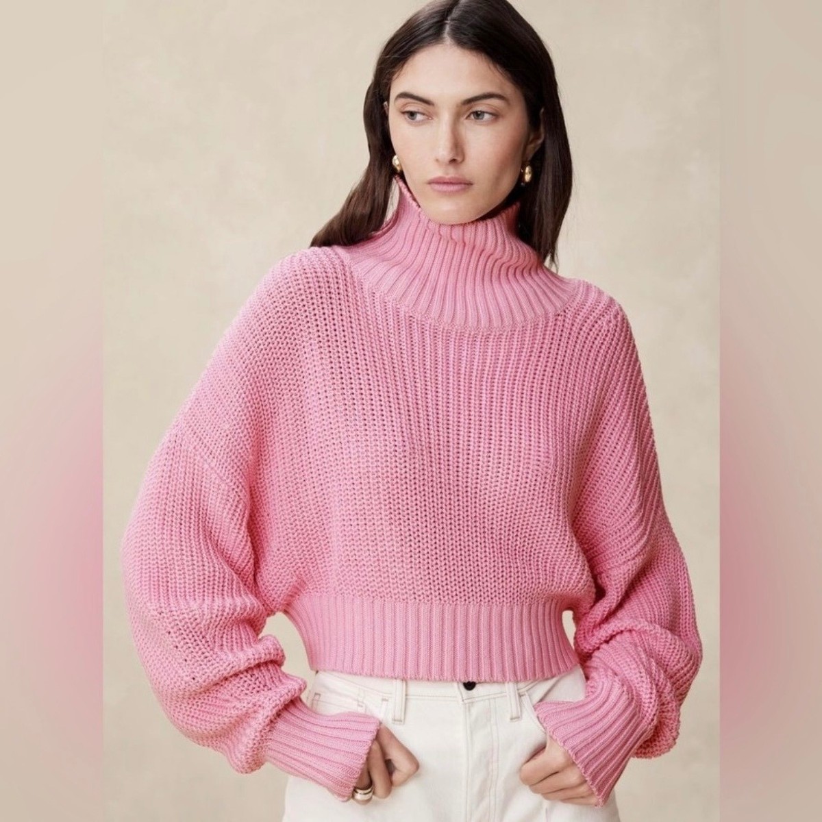 Banana Republic 2025 Janie Cropped Cotton Mock Neck Spring Sweater SZ XS
