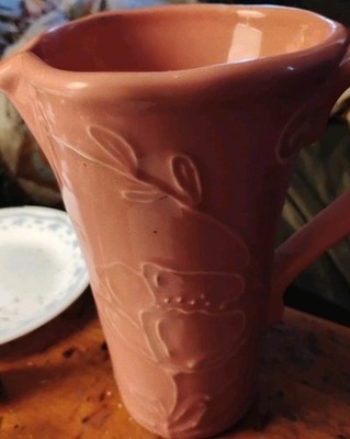 Florist Pink Pitcher Vase FTD with Handle & Spout raised Floral Design 7.5''