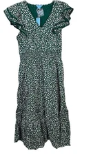 Draper James Meg Midi Dress Green, M White Flowers Smocked Waist Flutter Sleeve