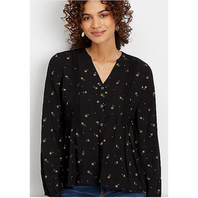 Women s Black & Yellow Daisy Floral Print Button Front Top Sz XXL linen-feel