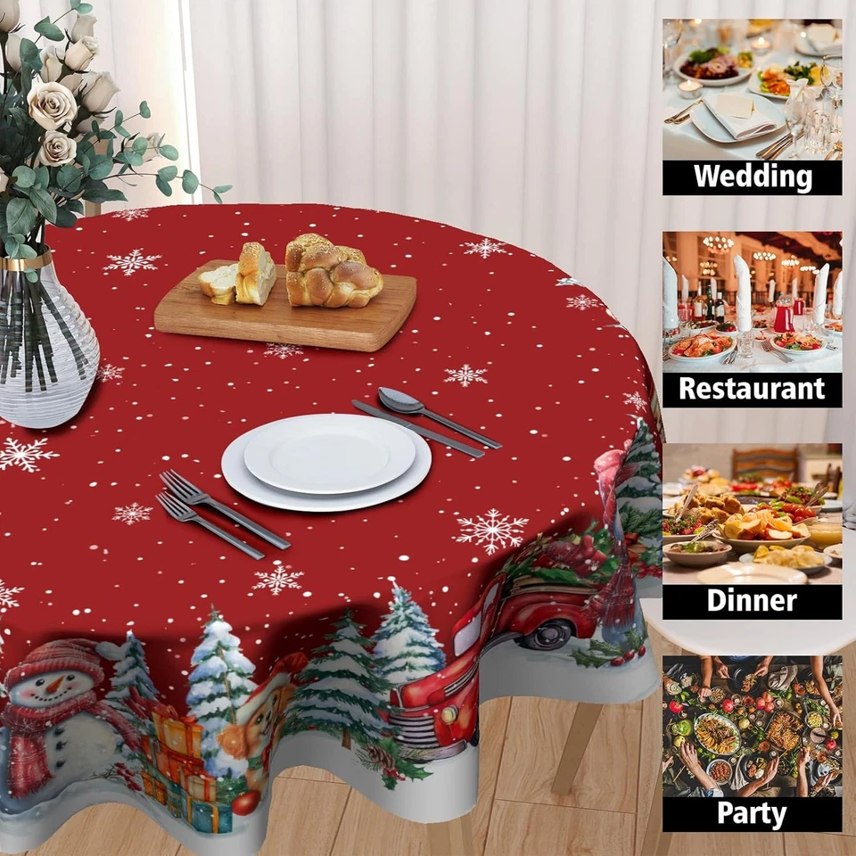 1 Pack 60” Christmas Round Tablecloth, Red Snowman Truck, Home Christmas Decor - Image 4 of 4