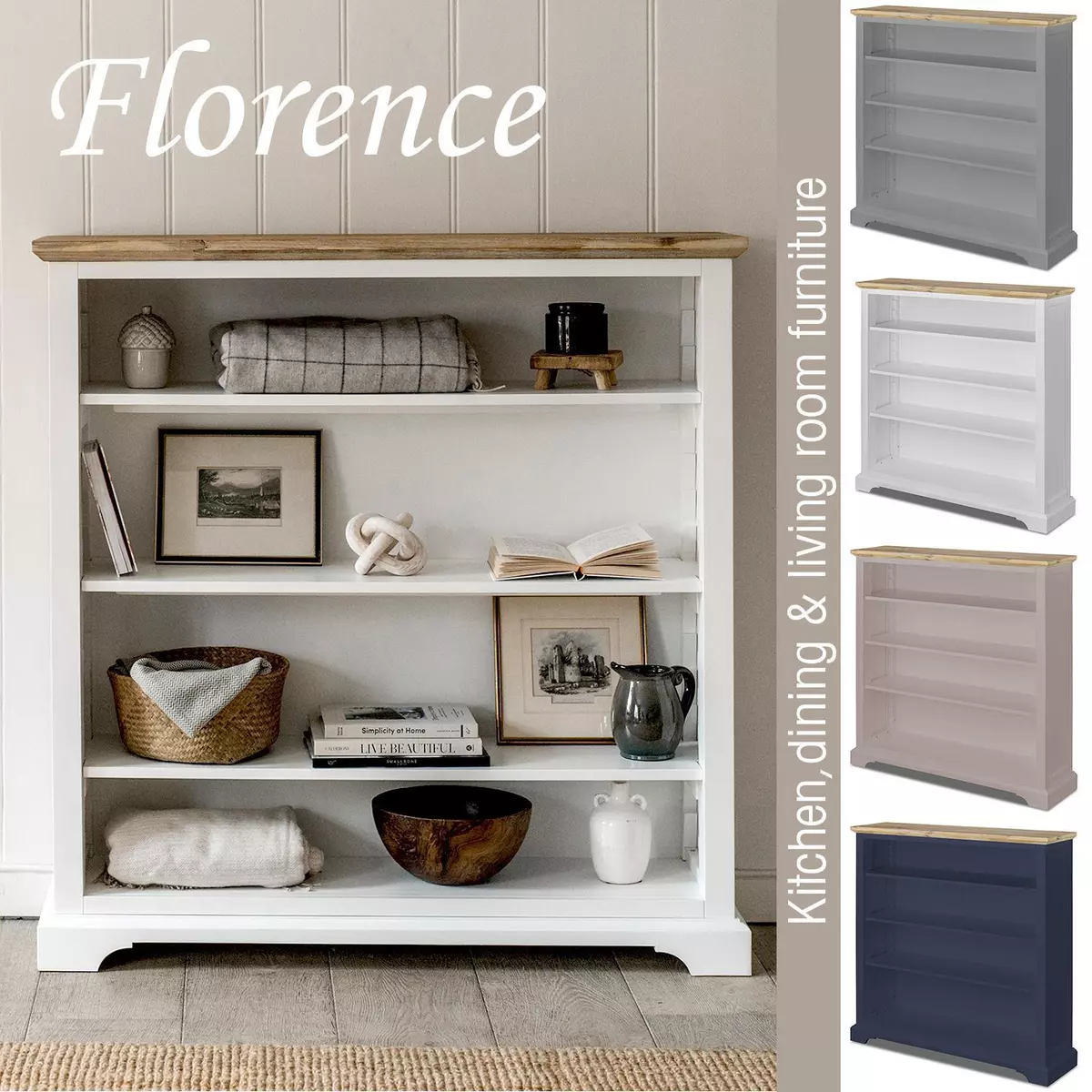 Florence bookcase with adjustable shelves.Solid bookshelf in 4 colours.Assembled