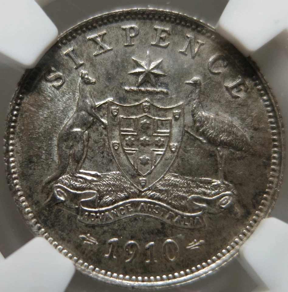AUSTRALIA 6 Pence Sixpence 6P 1910 NGC MS 63 UNC Scarce Silver Edward Britain - Image 2 of 3