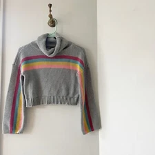 Tea Collection Grey Rainbow Stripe Bell Sleeve Cowl Neck Sweater | 6/7