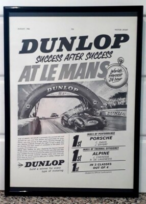 Gerahmte Original Oldtimer Werbung für Dunlops Erfolg in Le Mans von 1966