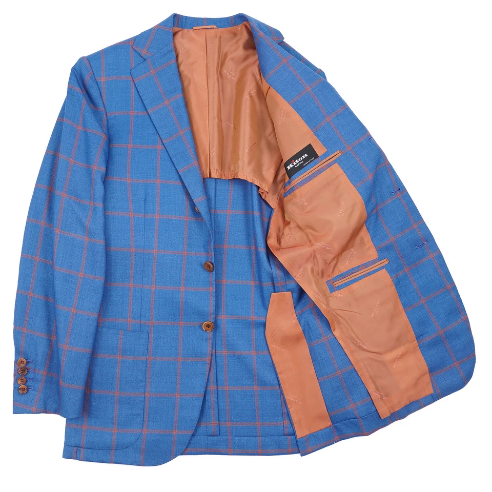 Abrigo deportivo Kiton azul y naranja a cuadros peso medio cachemir 34S corto nuevo con etiquetas Foto 2 de 4