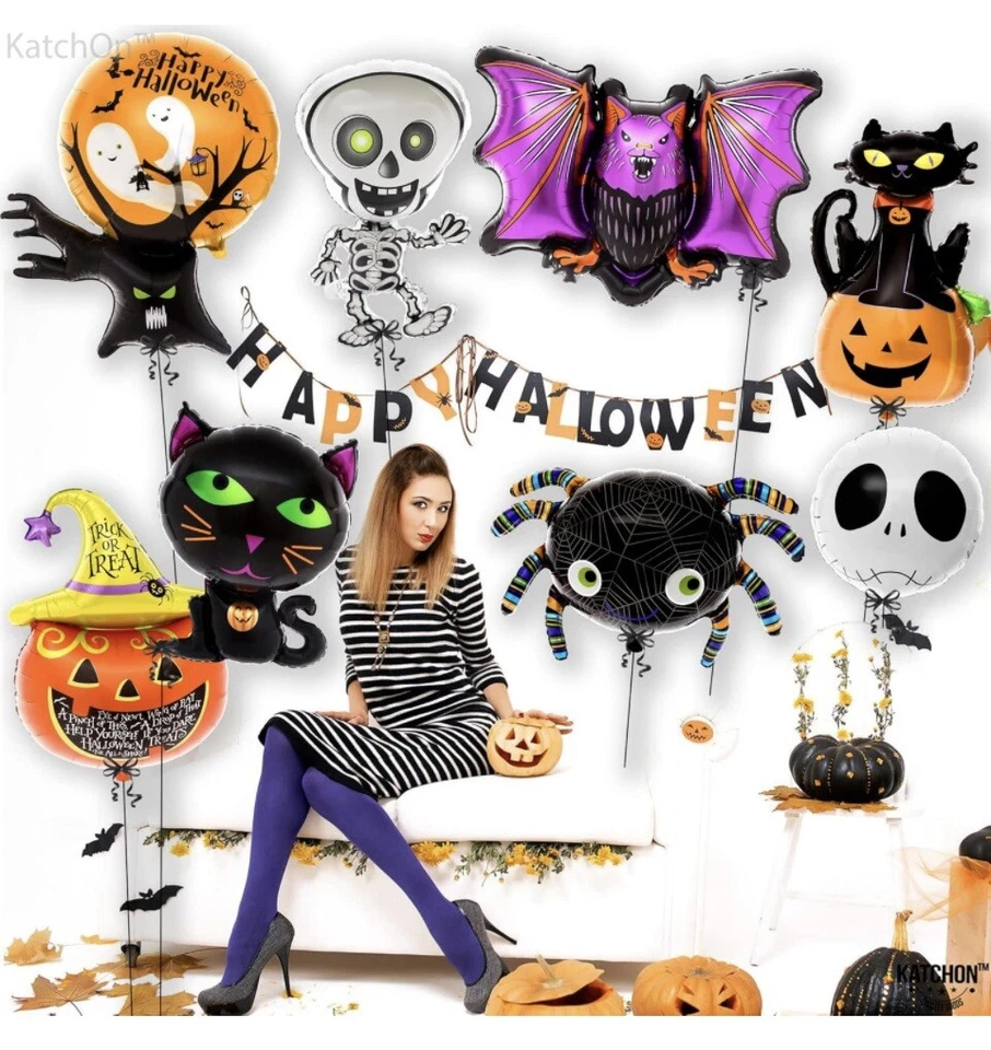 8 Piezas Globos Gigantes de Lámina de Halloween Fantasma Calabaza Calavera Gato. Nuevo en Paquete Foto 4 de 4