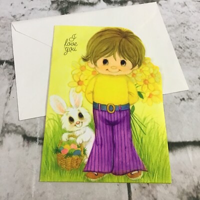 Vintage Hallmark I Love You Happy Easter Greeting Card Purple Bell Bottoms 