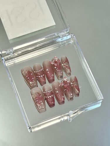 10pcs Handmade Rose + Butterfly Pink Glitter Press-On Nails– Elegant & Feminine