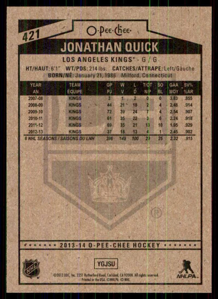 2013-14 O-Pee-Chee Jonathan Quick #421 - Image 2 of 2