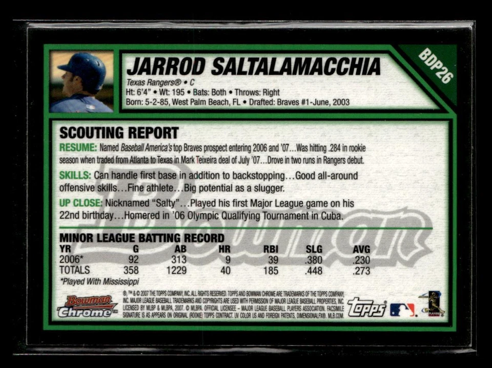 2007 Bowman #BDP26 Jarrod Saltalamacchia Chrome IN PERSON AUTO! - Image 2 of 2