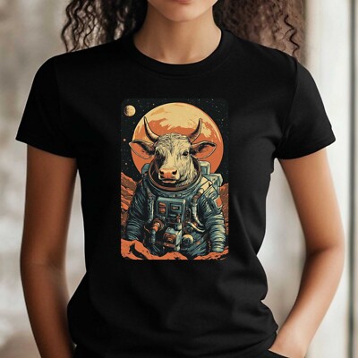 Frauen T-Shirt Kuh als Astronaut Motiv Baumwolle Größe S bis 3XL