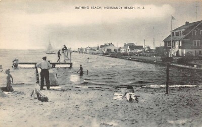 Bathing Beach  Bathers Boats Beach Front Normandy Beach,NJ Vtg 1940's Postcard 