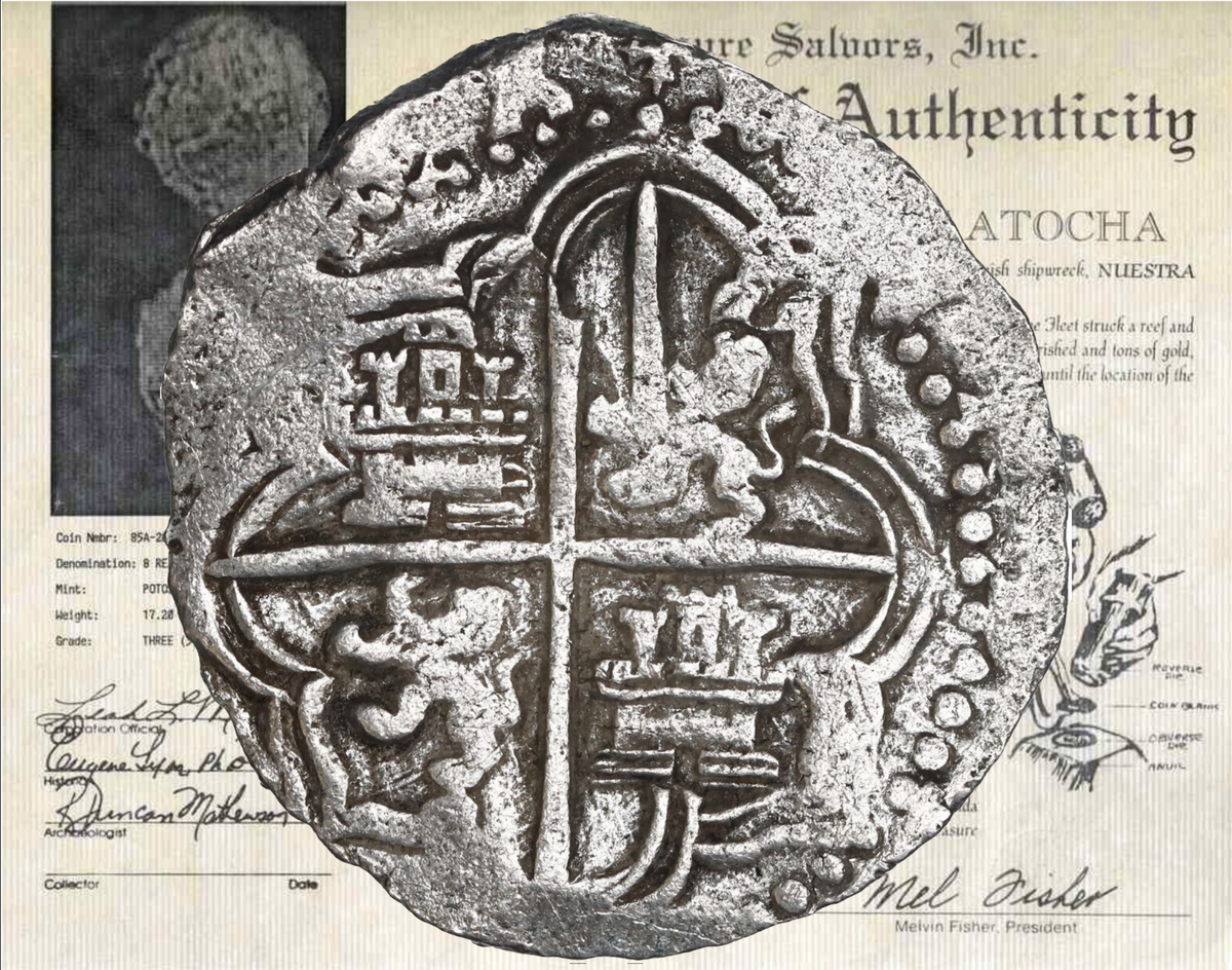 ATOCHA 1622 SHIPWRECK FISHER COA BOLIVIA 8 REALES PIRATE SILVER
