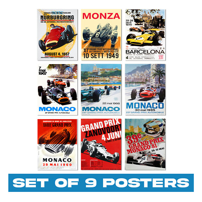 9er Set Vintage Autorennen Poster - Monaco Grand Prix Classic Wall Art Poster