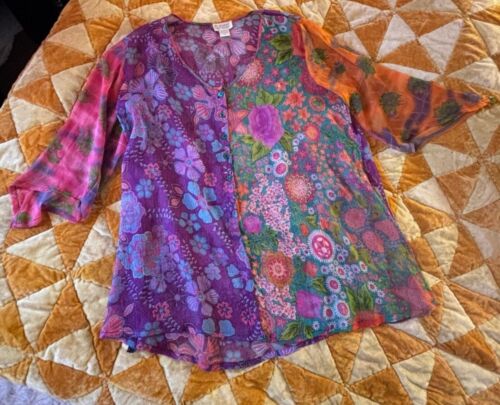 Raiment Fashions Boho Colorful Bright Colors Floral Sheer Top Lightweight 1X