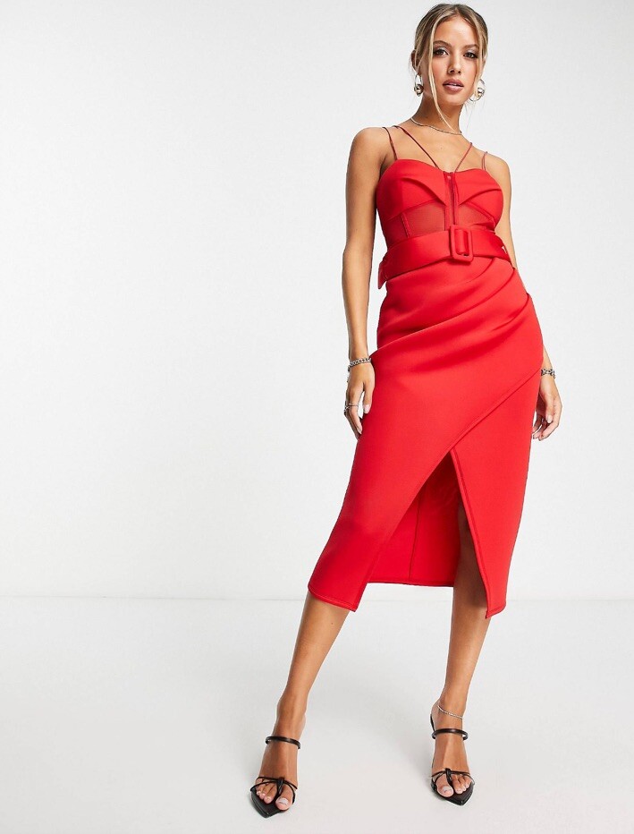 asos red midi dress Strap Mesh Belted Red Midi Dress Size 6 ASOS