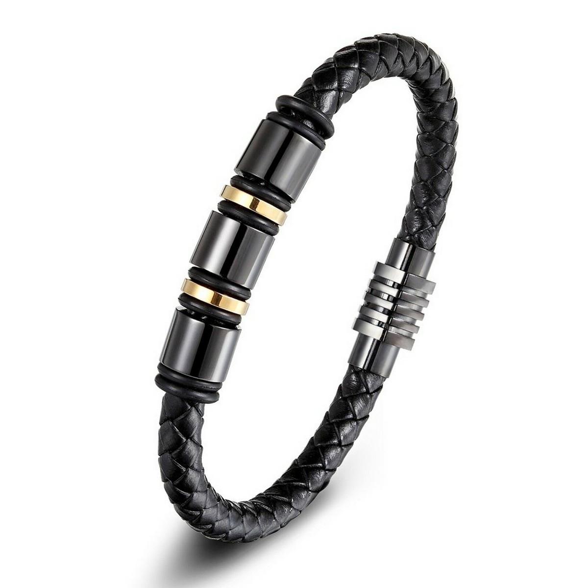Bracelet Homme Cuir Noir Avec Fermoir Aimant Acier Inox - Longueur 21.5 Cm - Occasion Très Bon État