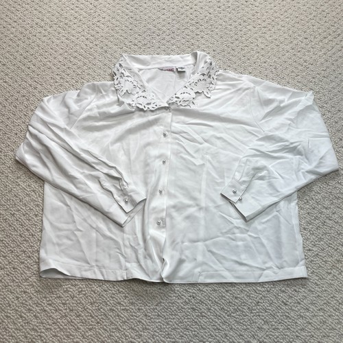 Markenlos Bluse Oberteil Damen 2X weiß Knopfleiste Langarm bestickt Ausschnitt