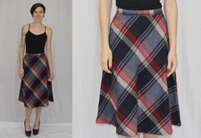 Vintage 70s Navy Blue Burgundy PLAID Retro WOOL Blend A Line Hippie Boho Skirt S