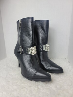 Karl Lagerfield Mable Women's Size 10 Buckle Rhinestone Studded Leather Heel