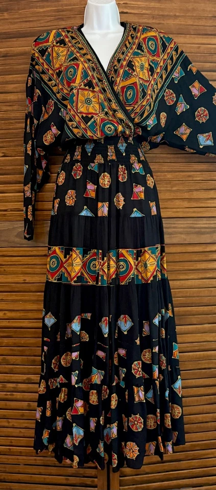 Vestido Largo Vintage Carole Little Negro Hippie Boho Años 90 Talla 8 Foto 2 de 4