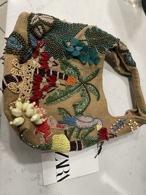 ZARA Beaded Tropical Toucan Floral Small Top Handle Bag Zip Closure Lined
