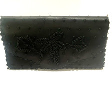 Vintage Handmade Black Beaded Satin Clutch Handbag Evening Bag Hong Kong 8"
